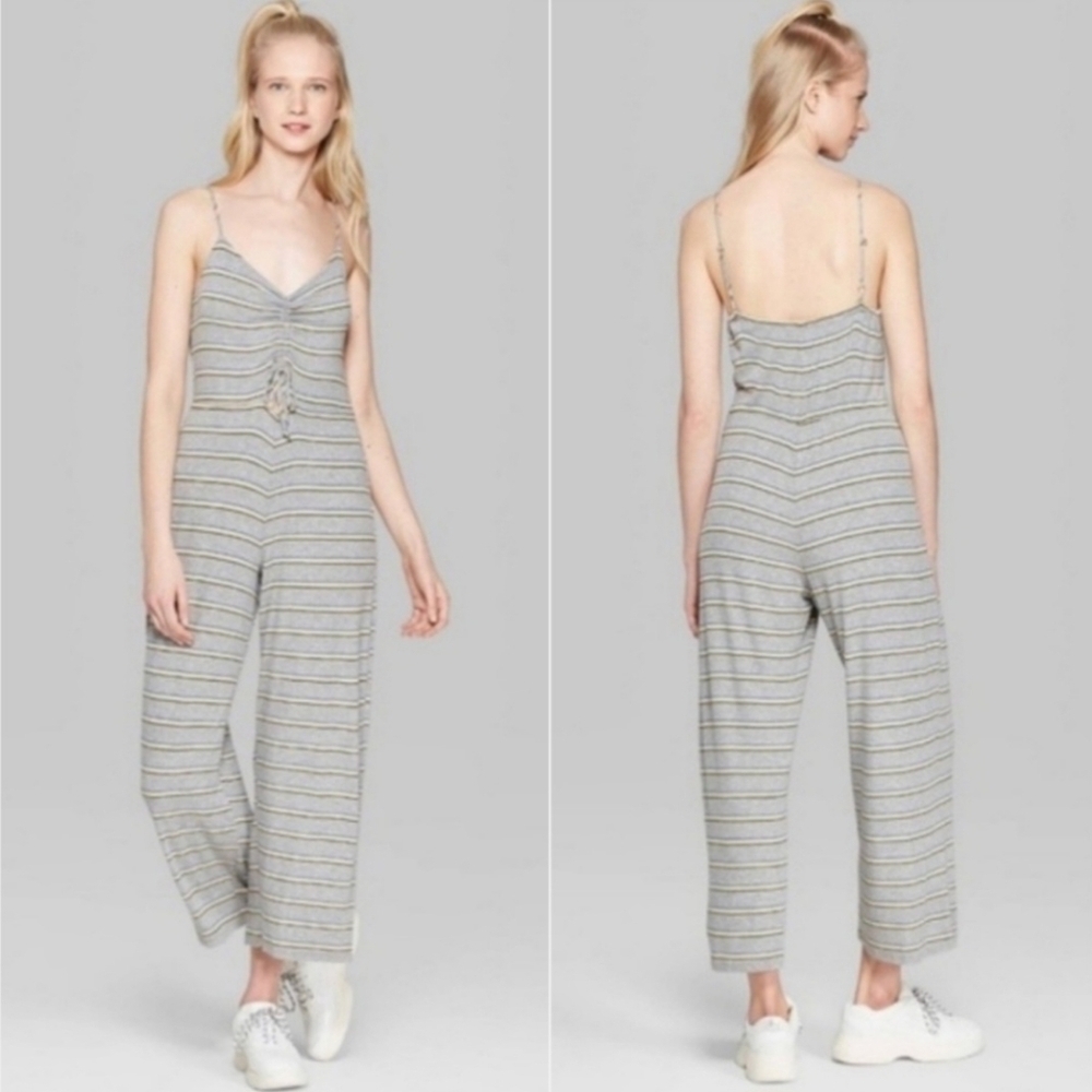 Wild Fable Ribbed Keyhole Jumpsuit Women's Small Gray Rainbow Striped Sleeveless